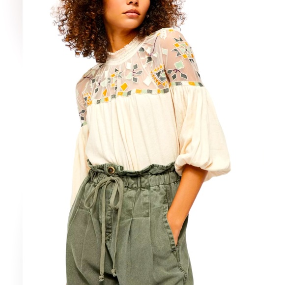 Free People Tops - Free People Monday morning embroidered Aztec top cream long sleeves mock neck
